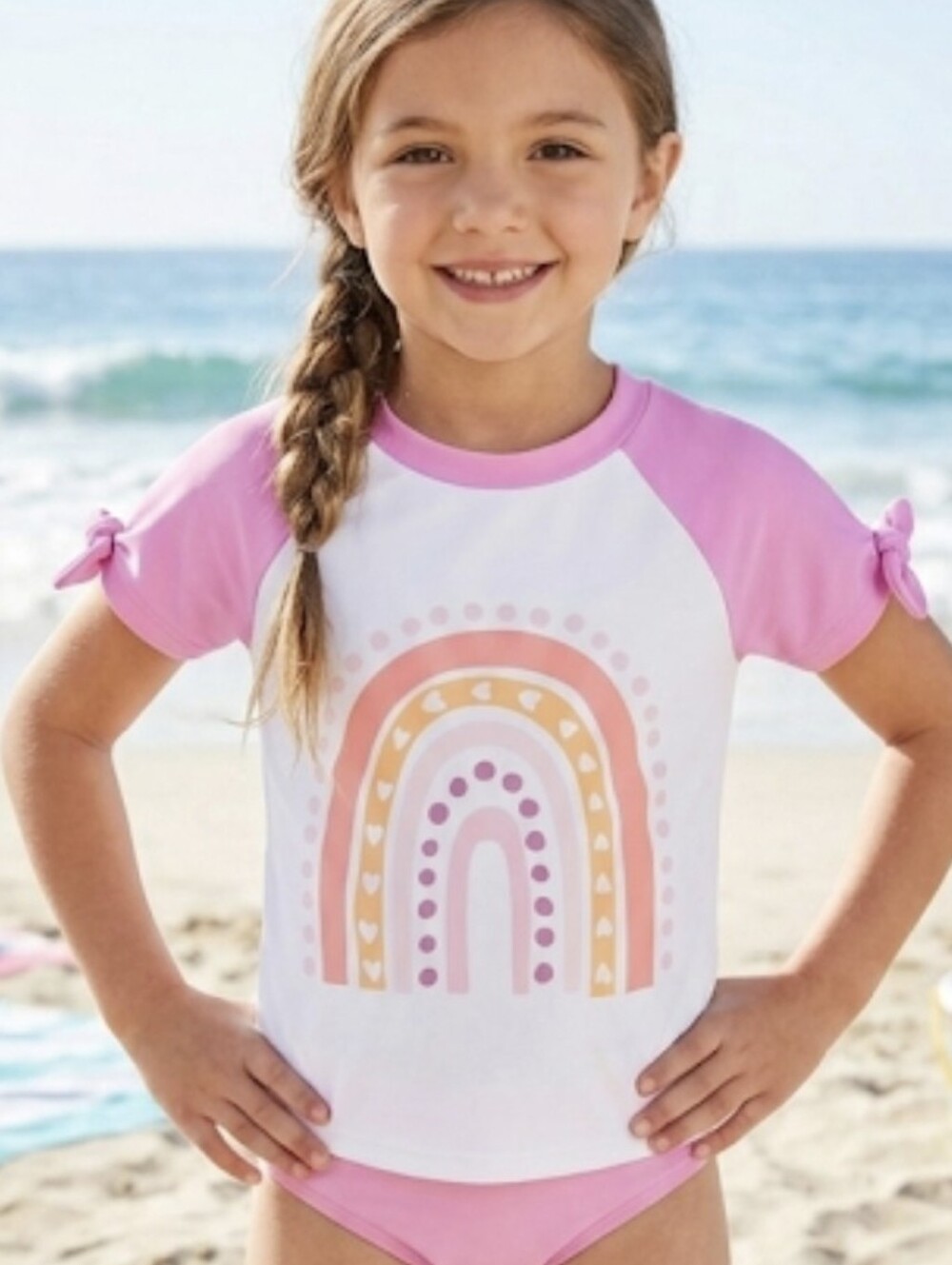 Girl's Cat & Jack short-sleeve Rainbow Bow Detailing Rash Guard Swim Shirt